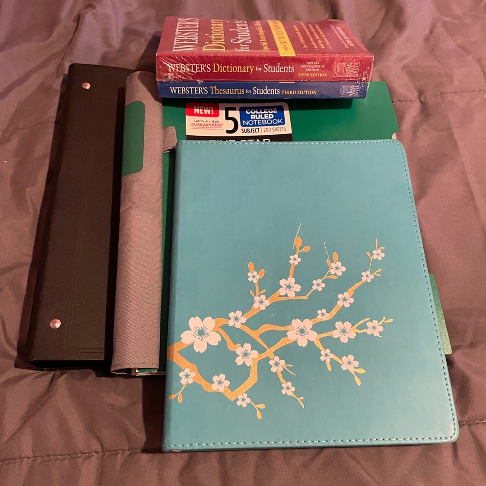 Teal journal,5 star College Ruled Notebook,Webster’s dictionaries & 1” binder